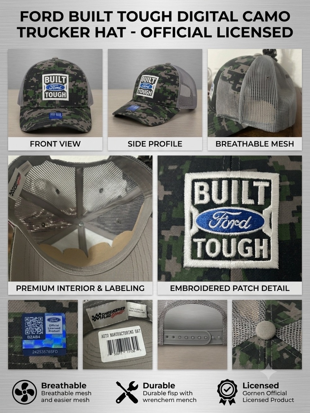 Ford Built Ford Tough Trucker Hat Digital Camo Mesh Snapback Cap NWT